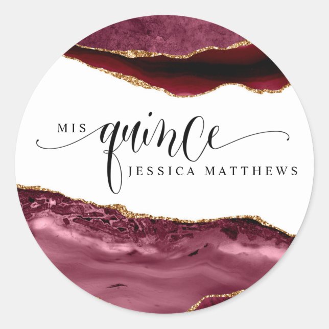 Mis Quince, Spanish, Burgundy Red, Berry Agate Classic Round Sticker (Front)