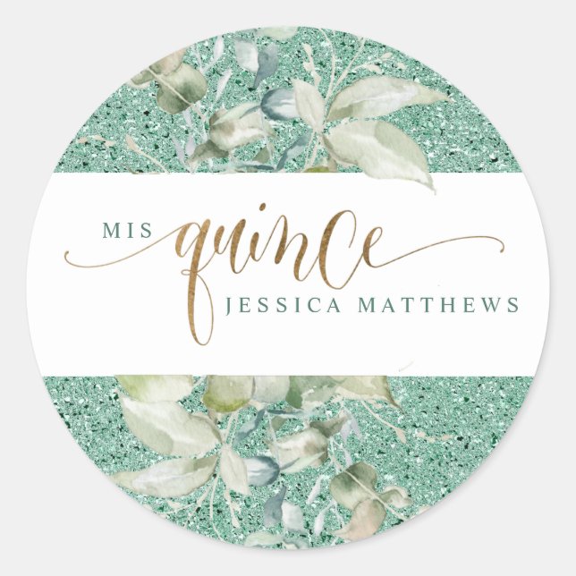 Mis Quince, Spanish, Green Glitter and Greenery Classic Round Sticker (Front)