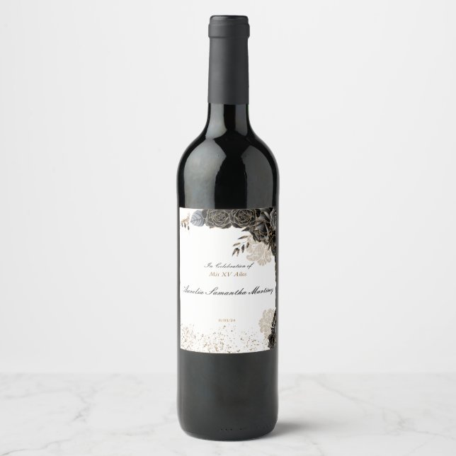 Mis XV Años Vin Étiquette noir et or (Devant)