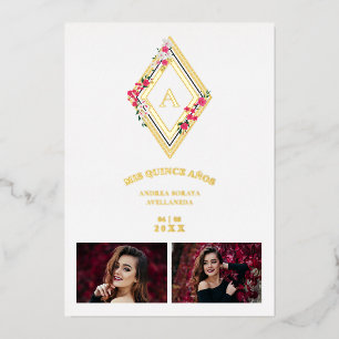 Mis XV Initial 2 Photos Gold Effect Floral Diamond