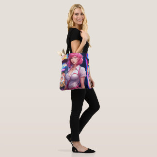 Misato Katsuragi with pink hair tote bag