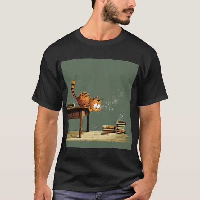 Mischief Cat Knocking Books – Whimsical Illustrati T-Shirt (Front)