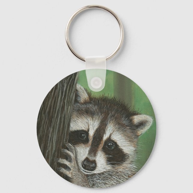 Mischief Raccoon up a Tree keychain (Front)
