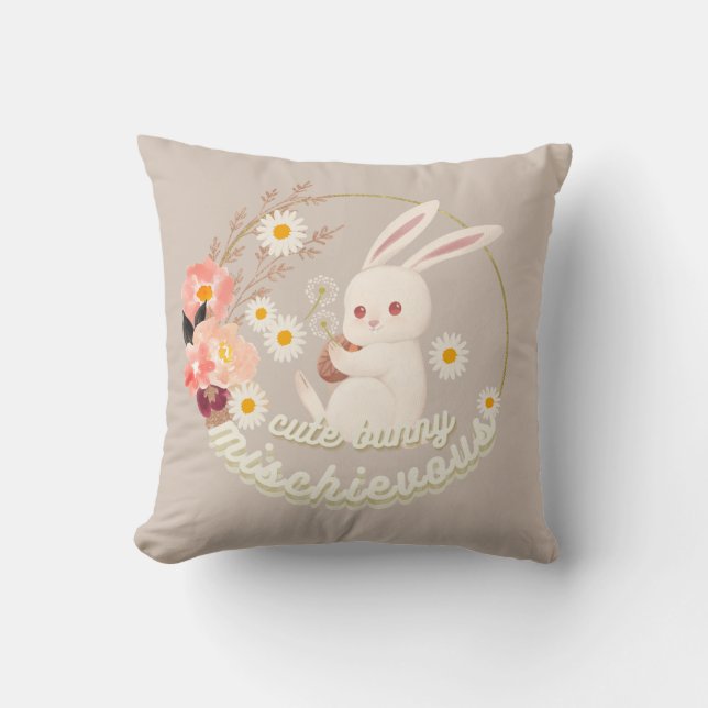 Mischievous Cute Bunny and Flower Ornament Throw Pillow (Front)