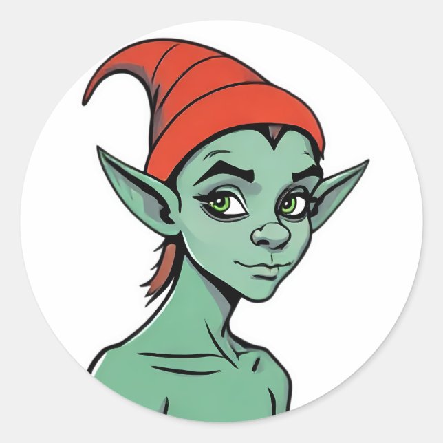 Mischievous Green Elf / Goblin Cartoon Character Classic Round Sticker (Front)
