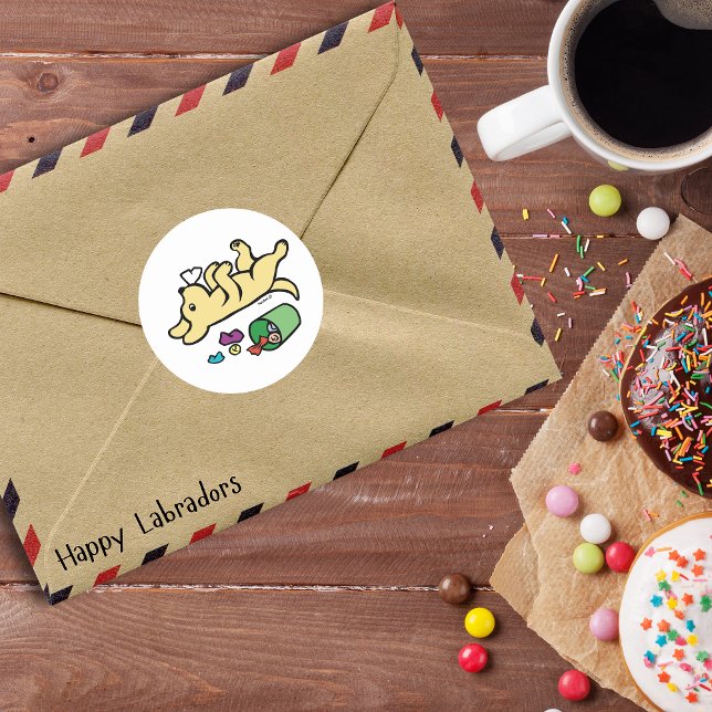 Mischievous Yellow Labrador Side Eye Classic Round Sticker (Funny Side Eye Yellow Labrador Cartoon Sticker for Labrador Owners.  Created by Naomi Ochiai.)