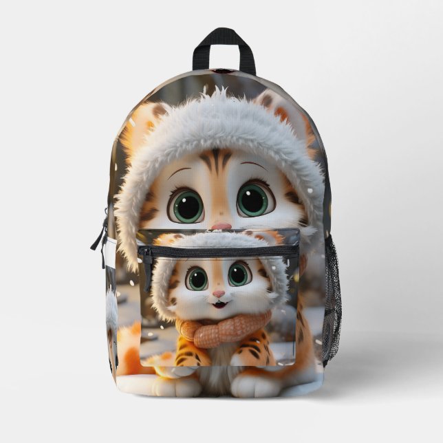 Misha - A fluffy snow leopard Printed Backpack (Front)