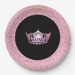 Miss America Crown Paper Plates-Golden Stars PInk Plate