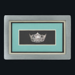 Miss America style Belt Buckle<br><div class="desc">Belt buckle shown in a brushed silver tone colour for men and women. Has an image of a gleaming silver crown print in centre over black background with ivory,  black and aqua rectangle borders. 
Customize this item or buy as shown.</div>