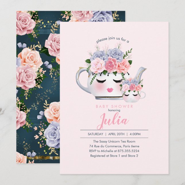Miss Eyelashes Teapot Mom Baby Floral Baby Shower Invitation (Front/Back)