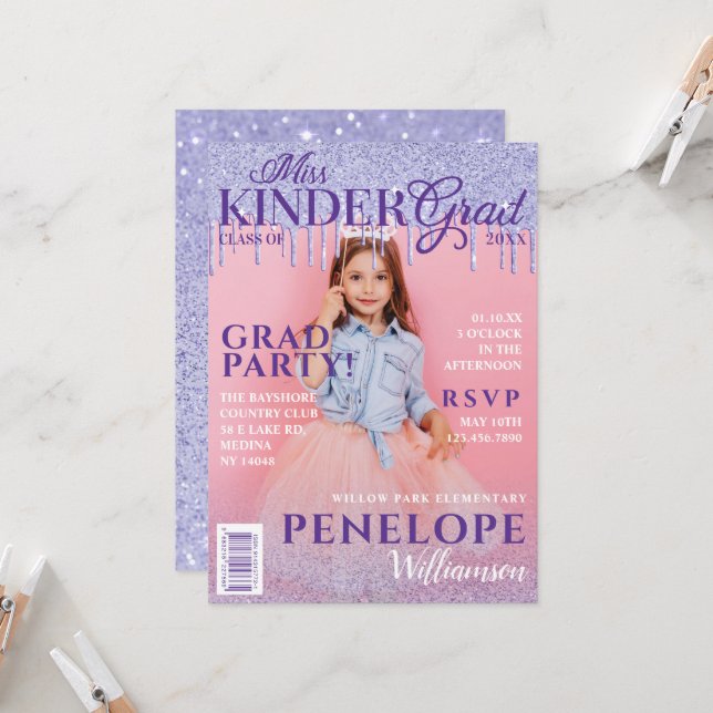 Miss Kinder Grad Glitter Drip Photo Magazine Cover Invitation (Front/Back In Situ)