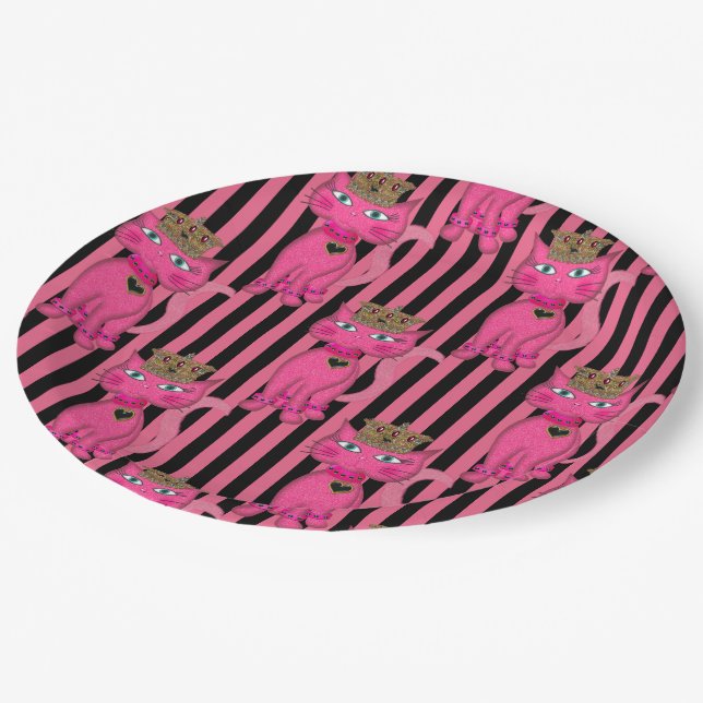 Miss Kitty Pink Glitter,Stripes 4AO-PAPER PLATES (Angled)