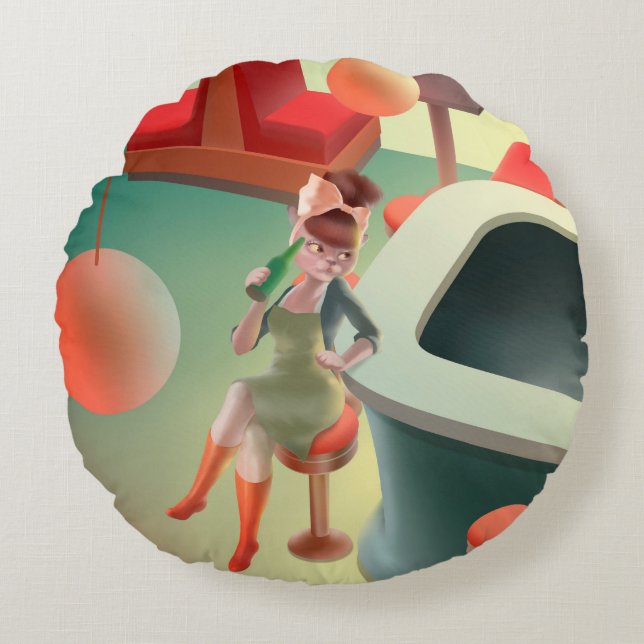 Miss Meow – Late Night Bar Series Round Pillow (Front)