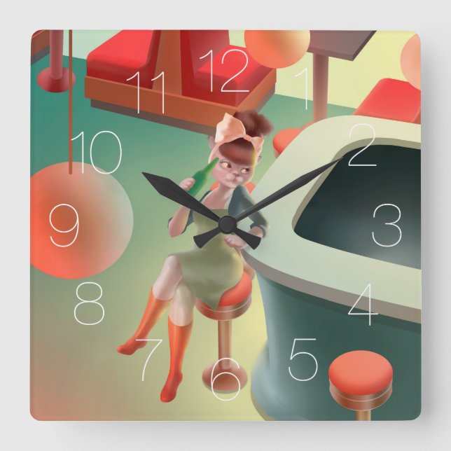 Miss Meow – Late Night Bar Series Square Wall Clock (Front)