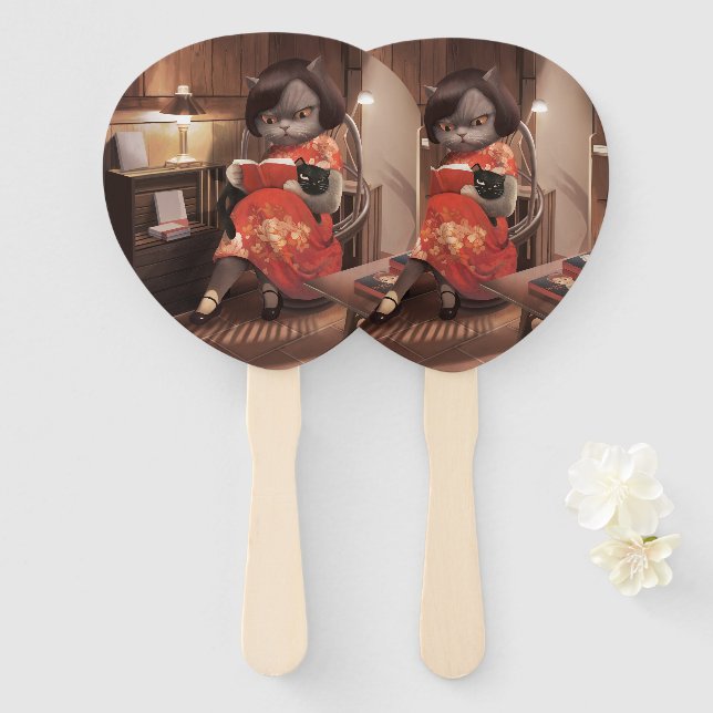 Miss Meow – Vintage Cat Reading Time Hand Fan (Front and Back)