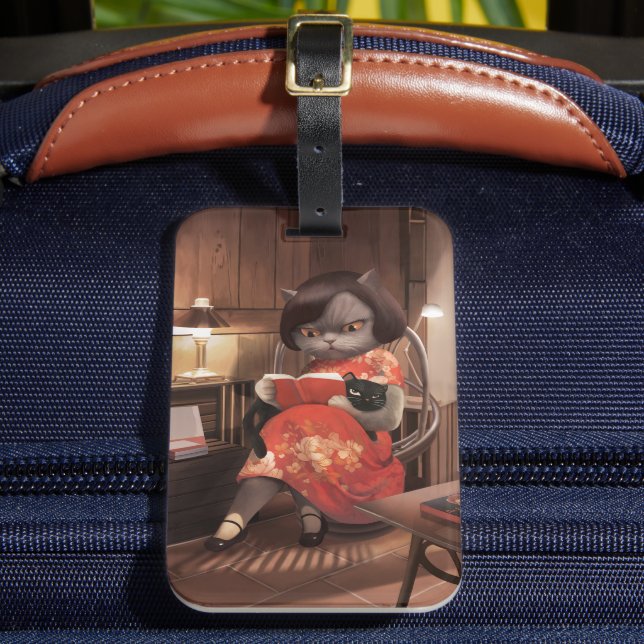 Miss Meow – Vintage Cat Reading Time Luggage Tag (Front Insitu 2)