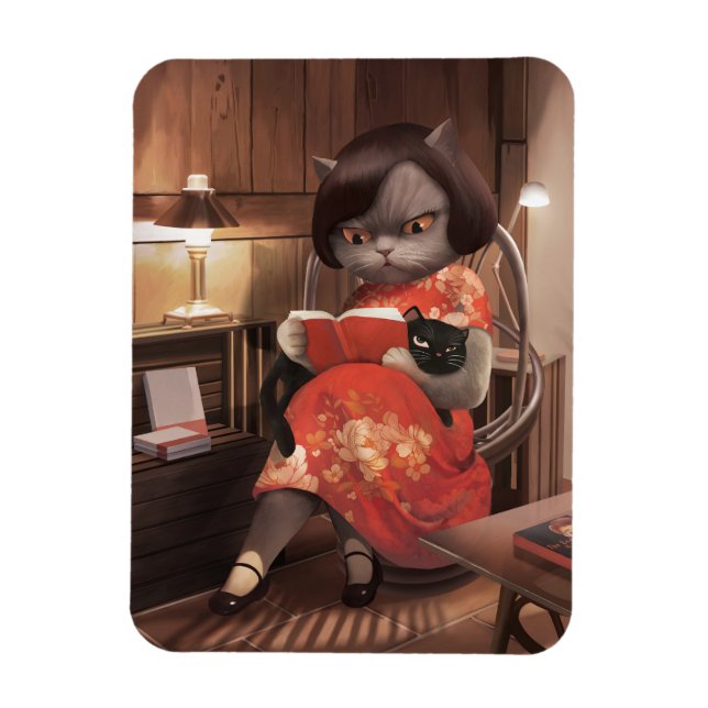 Miss Meow – Vintage Cat Reading Time Magnet (Vertical)