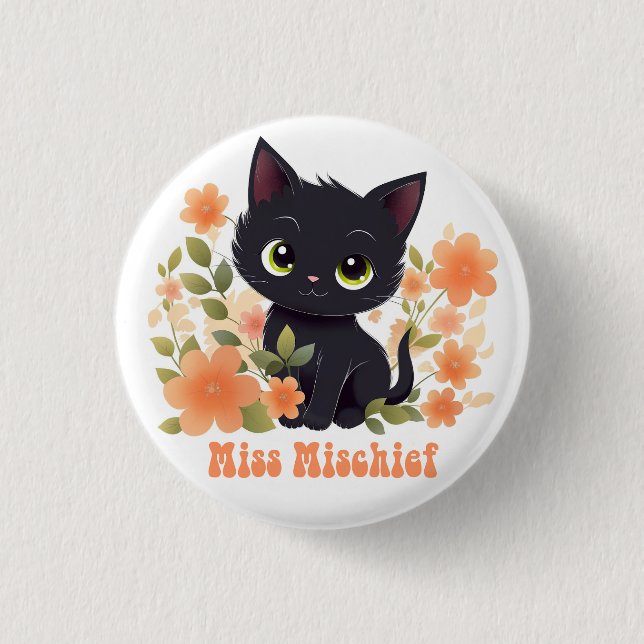 Miss Mischief Black Kitten Kawaii Chibi 1 Inch Round Button (Front)