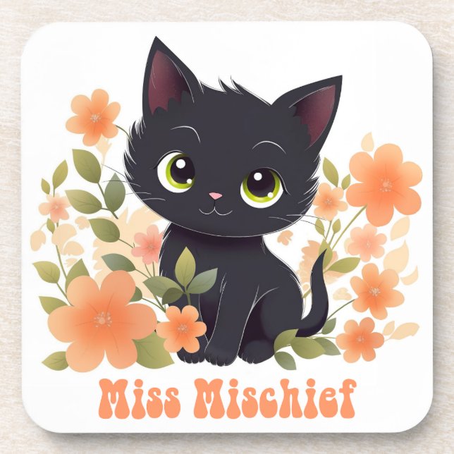 Miss Mischief Black Kitten Kawaii Chibi Coaster (Front)