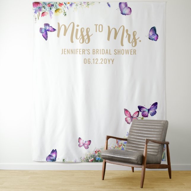 Miss Mrs Boho Butterfly Wildflower Bridal Backdrop Tapestry (In Situ)