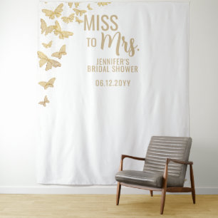 Miss Mrs Gold Butterfly Chic White Bridal Backdrop Tapestry