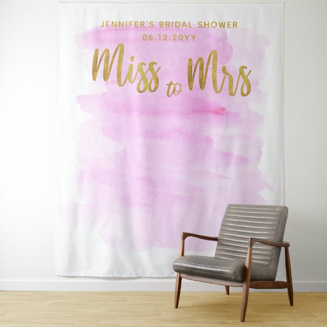Miss Mrs Watercolor Pink Boho Chic Bridal Backdrop Tapestry (In Situ)