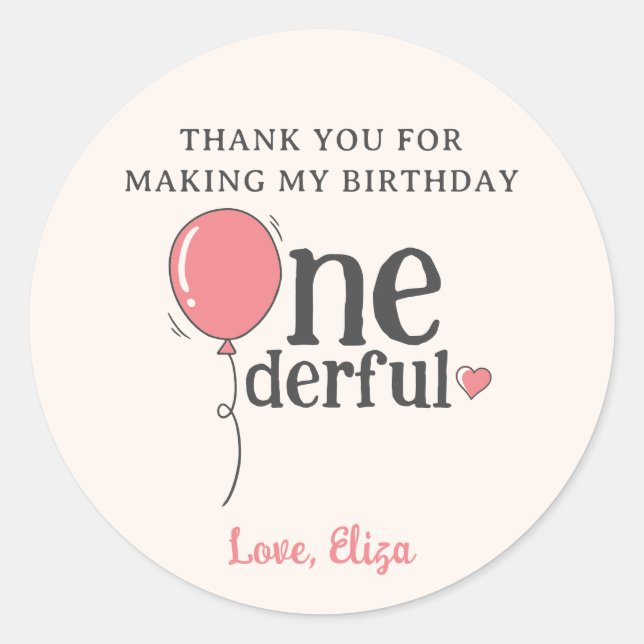 Miss Onederful Birthday Pink Balloon Thank You Classic Round Sticker (Front)