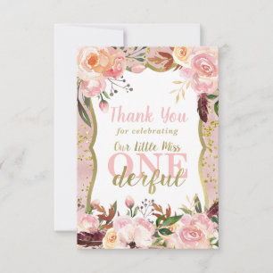 Miss ONEderful Birthday Thank You Card, Boho, Gold Card