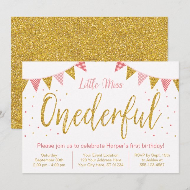 Miss Onederful Blush Pink & Glitter 1st Birthday Invitation (Front/Back)