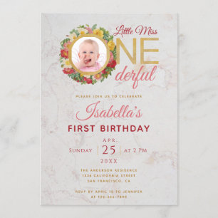 Miss Onederful Photo in Rose Wreath First Birthday Invitation