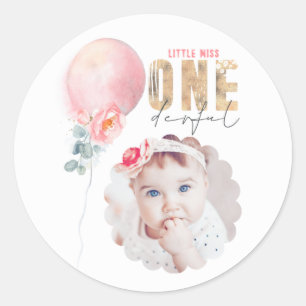 Miss Onederful Pink Balloon 1st Birthday Photo Classic Round Sticker