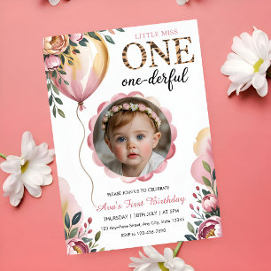 Miss Onederful Pink Balloon 1st Birthday Photo Invitation