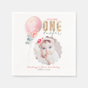Miss Onederful Pink Balloon 1st Birthday Photo Napkin