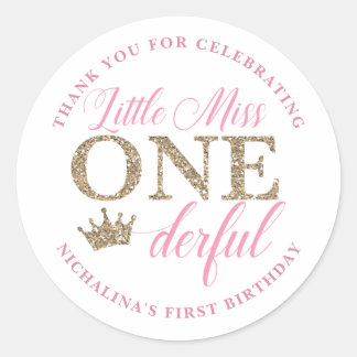 Miss Onederful Stickers, Pink and Gold Crown Classic Round Sticker