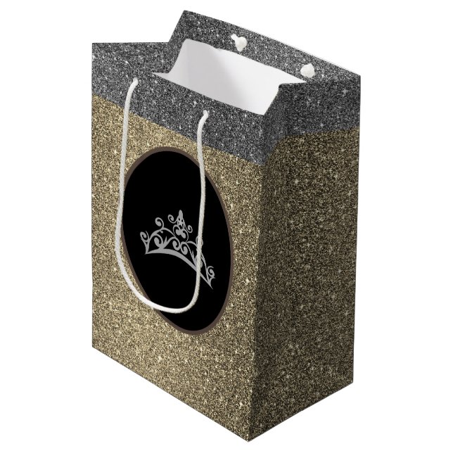 Miss Pageant Tiara Crown Gold FX GlitterGift Bag (Front Angled)
