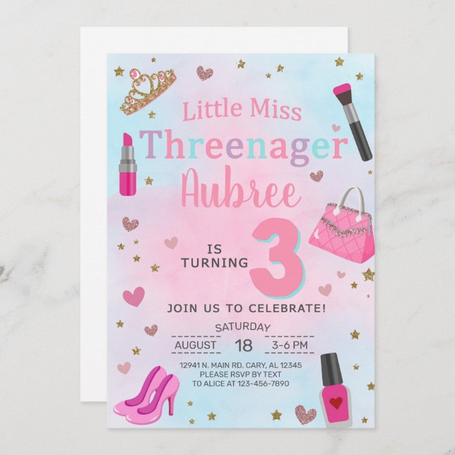 Miss Threenager girl 3rd third birthday invitation (Front/Back)