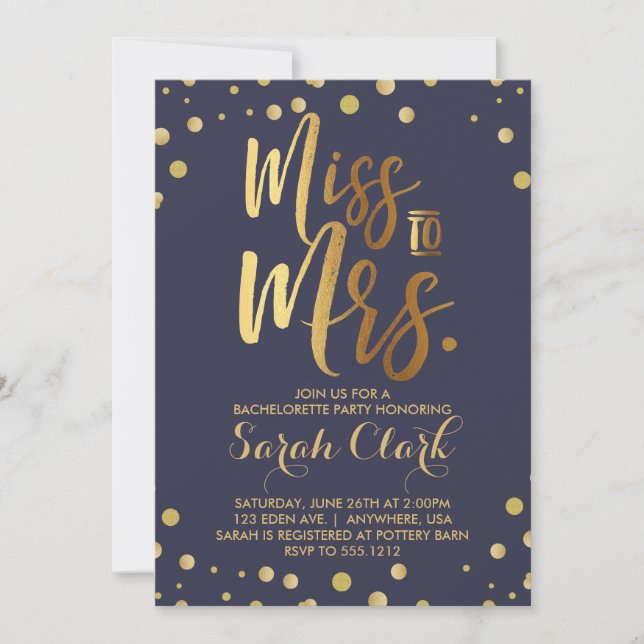 Miss to Mrs. Bachelorette Party Invitation (Front)