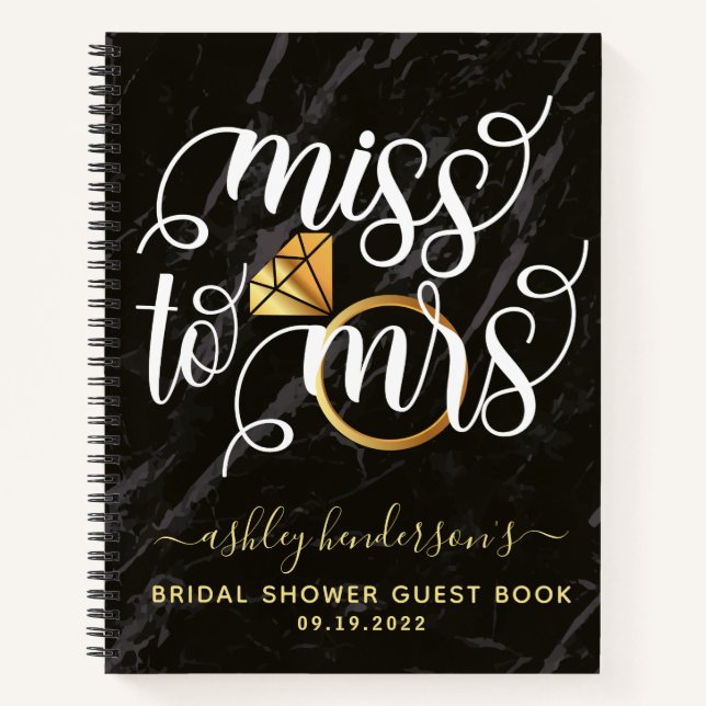 Miss To Mrs Black Marble Bridal Shower Guest Book (Front)