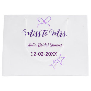 Miss to Mrs bow stars bridal shower stylish purple Large Gift Bag