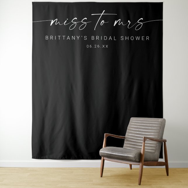 Miss to Mrs Bridal Shower Decor Backdrop Black Tapestry (In Situ)