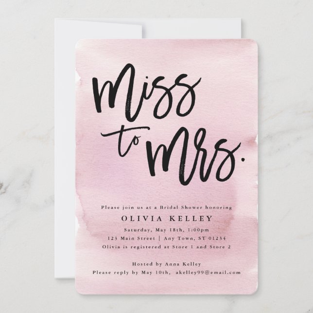 Miss to Mrs. Bridal Shower, Pink Watercolor Invitation (Front)