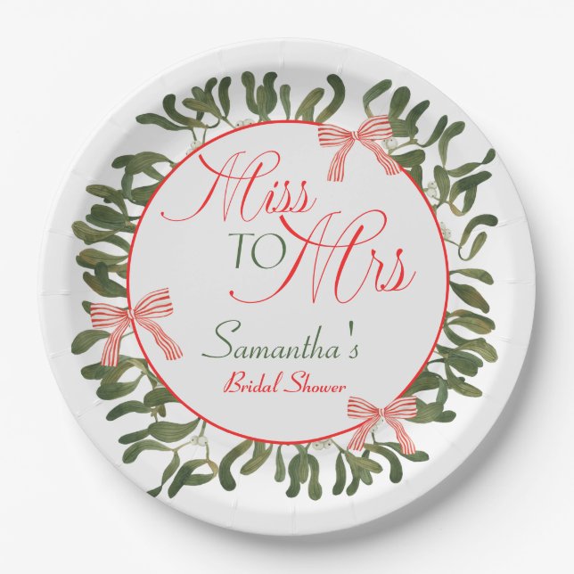 Miss to Mrs. Coquette Mistletoe Bridal Shower  Paper Plate (Front)