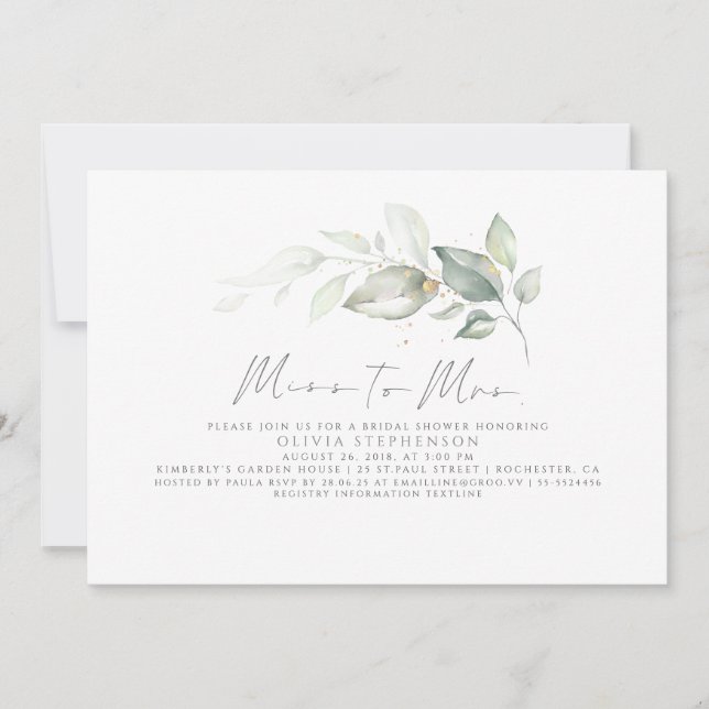 Miss to Mrs Elegant Greenery Bridal Shower  Invitation (Front)
