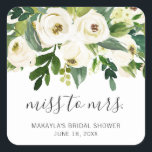 Miss to Mrs Elegant White Floral Bridal Shower Square Sticker<br><div class="desc">Floral bridal shower favour stickers with a top border featuring hand painted watercolor white roses and greenery with the message, "Miss to Mrs" in a lovely handwritten script and your name, event title and date below. These elegant stickers are perfect for a celebration in the summer and are a great...</div>