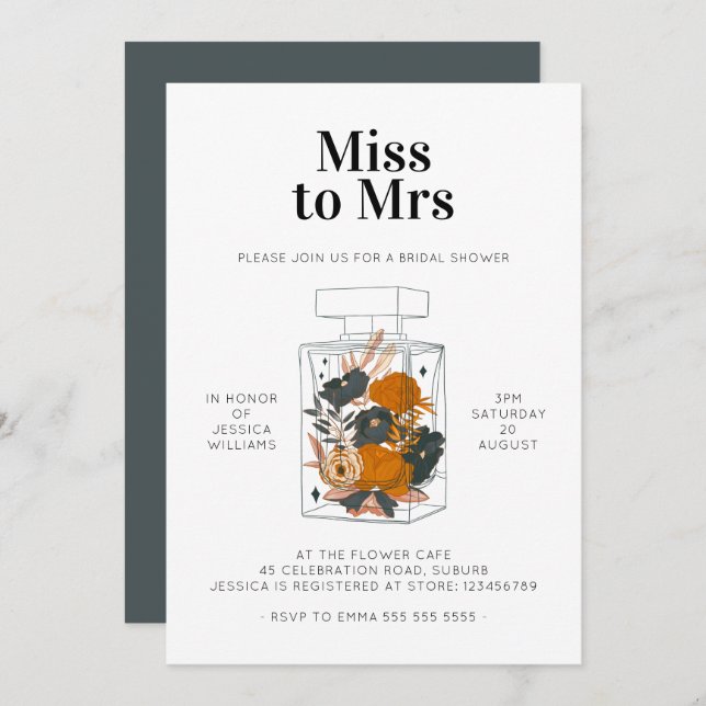Miss to Mrs Floral Perfume Bridal Shower Blue Pink Invitation (Front/Back)