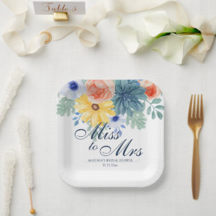 Miss To Mrs Floral Succulent Macaron Bridal Shower Paper Plate