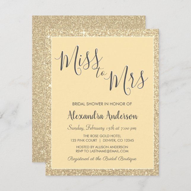 Miss to Mrs Gold Glitter Bridal Shower Invitation (Front/Back)