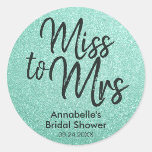 Miss to Mrs Mint Green Glitter Glam Bridal Shower Classic Round Sticker