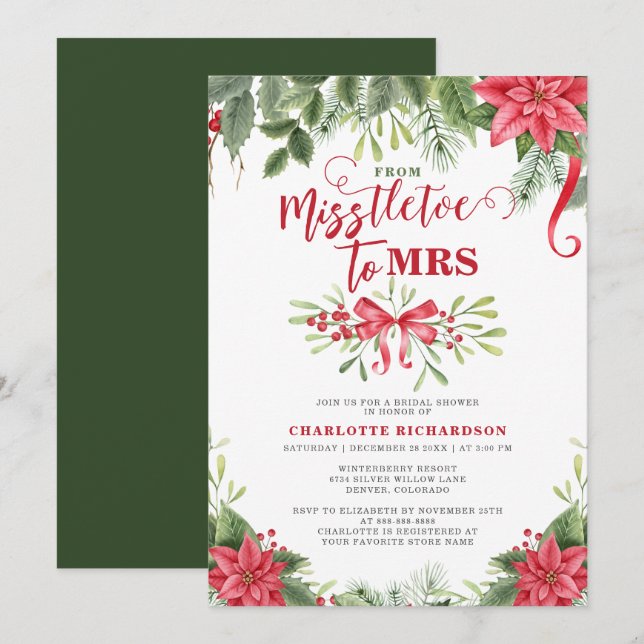 Miss To Mrs Mistletoe Elegant Winter Bridal Shower Invitation (Front/Back)