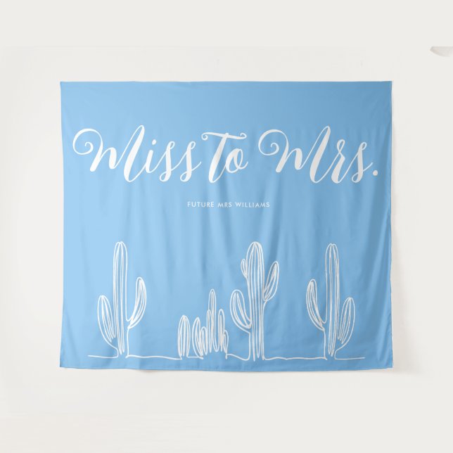 Miss to Mrs Modern Boho Cactus Blue Bachelorette Tapestry (Front (Horizontal))